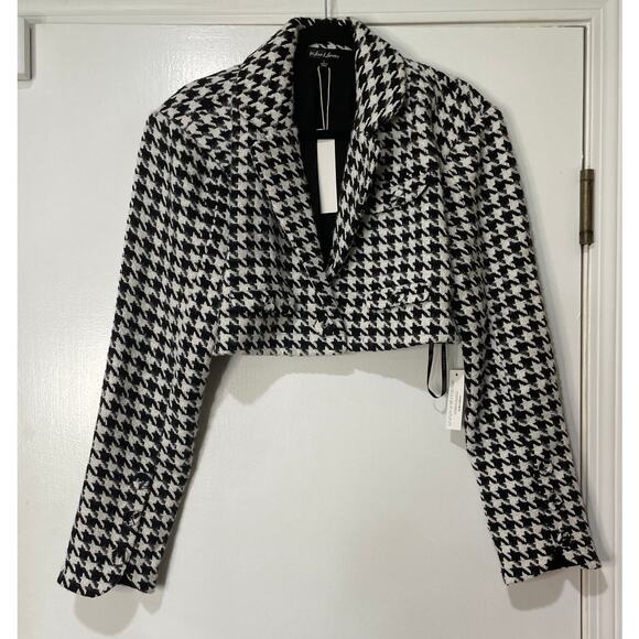 For Love & Lemons Bonnie Cropped Jacket Black White Houndstooth Size Large NWT - Picture 2 of 14
